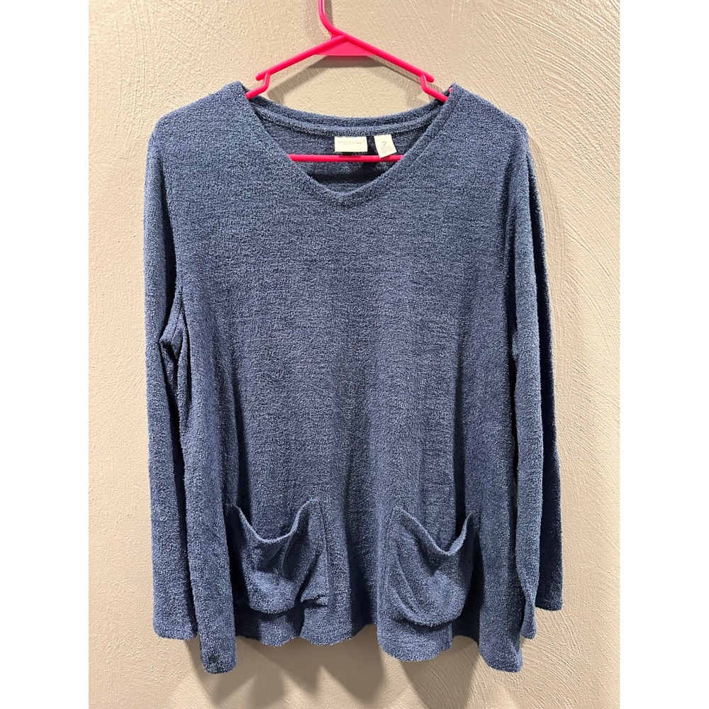 Weekends by Chicos Blue Textured Knit Long Sleeve Pocket Top Size 2 L